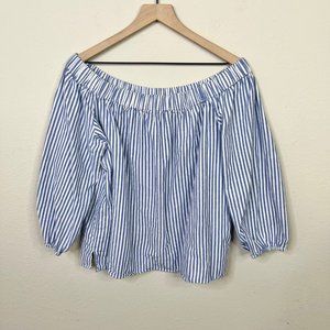 Lane Bryant Women's Blue White Stripe Off Shoulder Blouse Size 14/16 100% Cotton